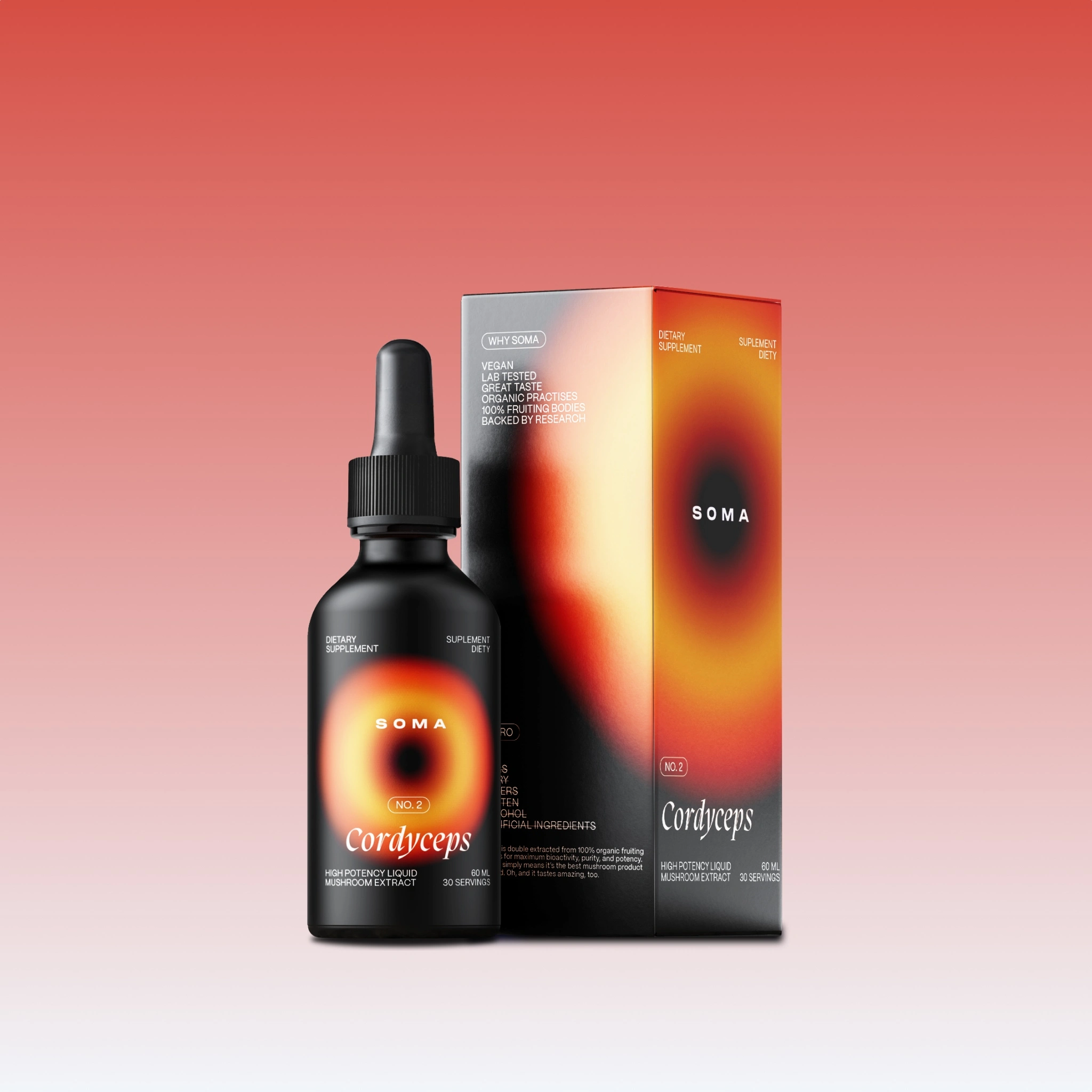 Black bottle and packaging of Soma Cordyceps supplement against a red gradient background.