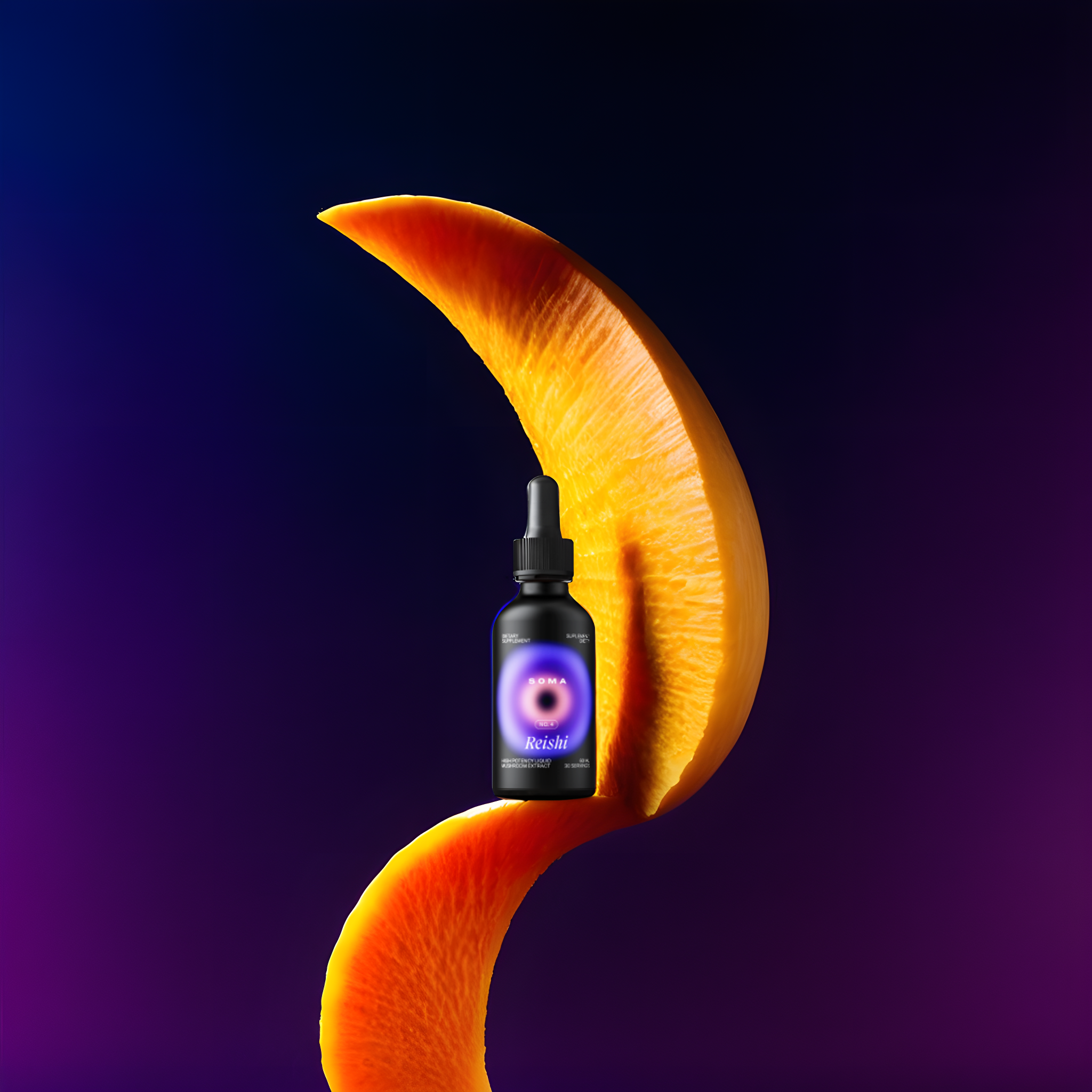 A dropper bottle with a purple label on a curved orange slice.