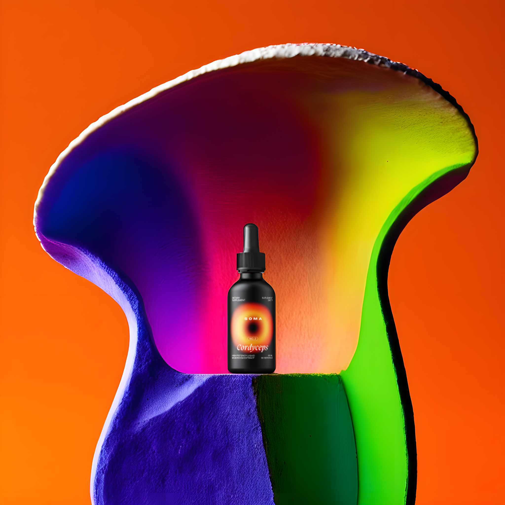 Colorful abstract sculpture with a dropper bottle in front, set against an orange background.