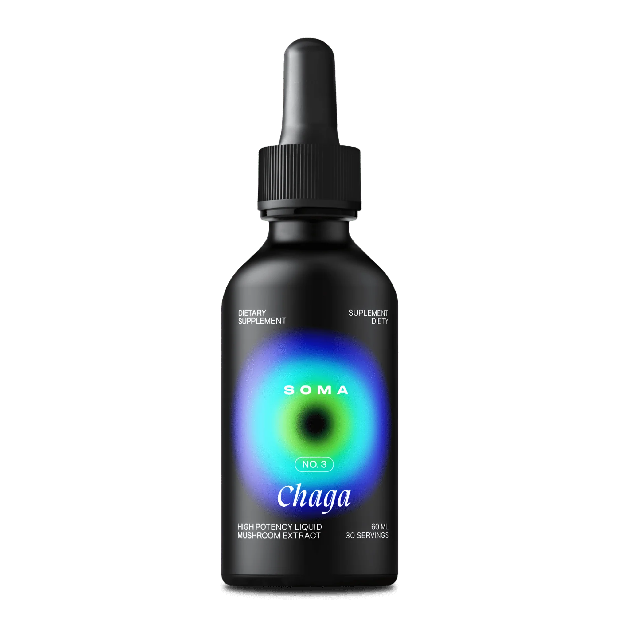 Black dropper bottle labeled 'Soma Chaga' with colorful design.