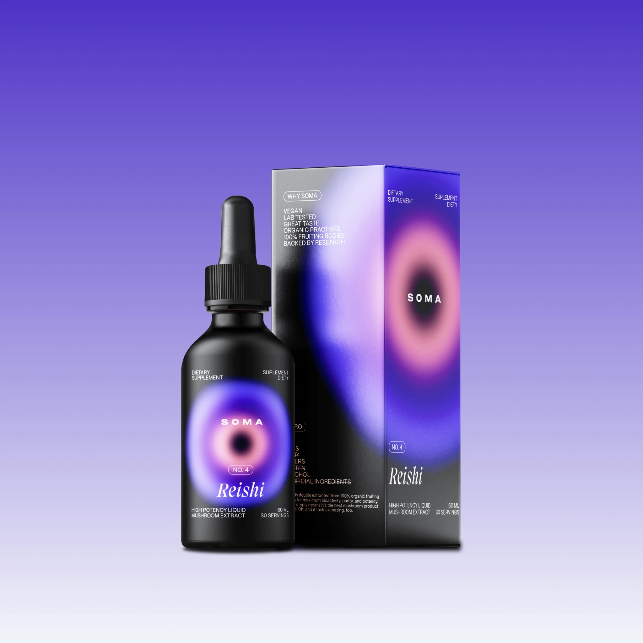 Bottle and box of Soma Reishi dietary supplement on a purple gradient background.