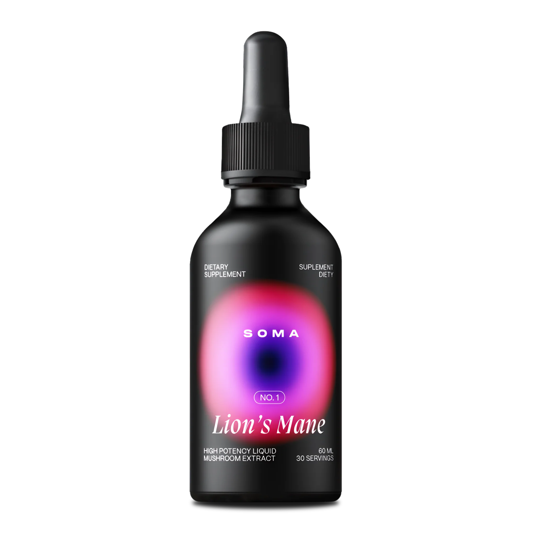 Black dropper bottle labeled 'Lion's Mane' dietary supplement.
