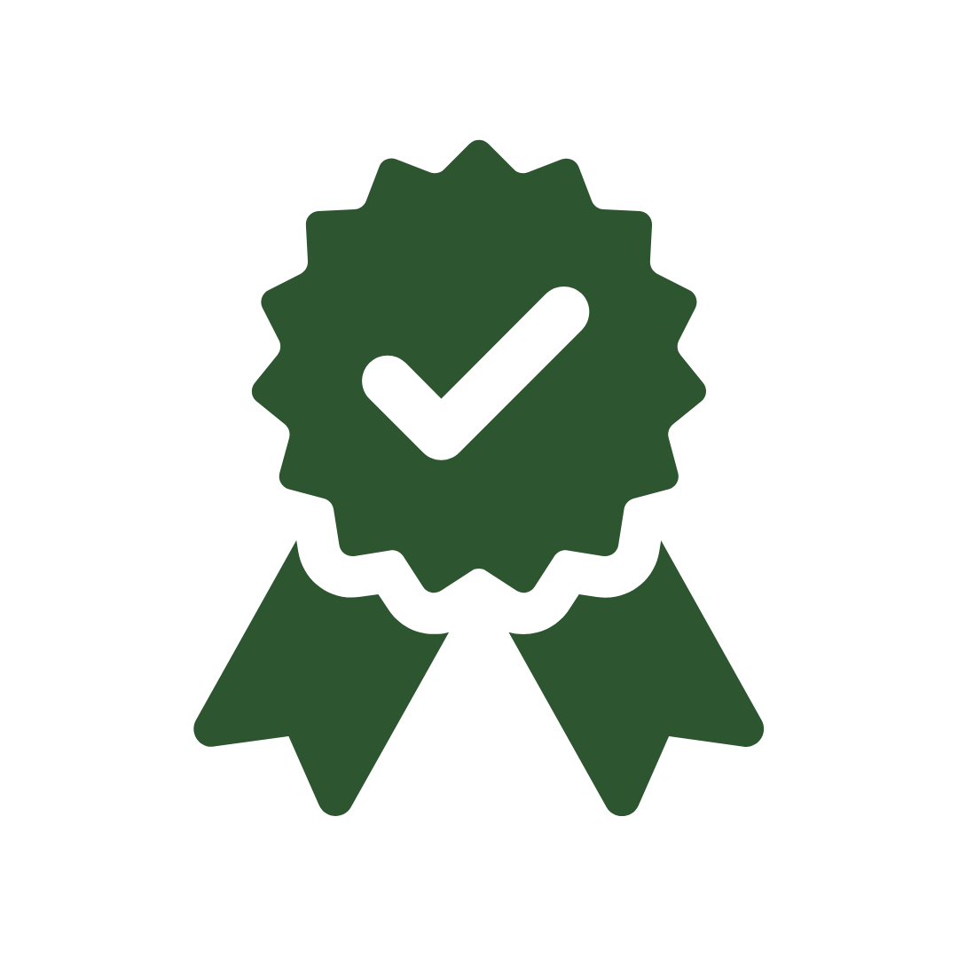 Green award ribbon with a checkmark inside a scalloped circle.