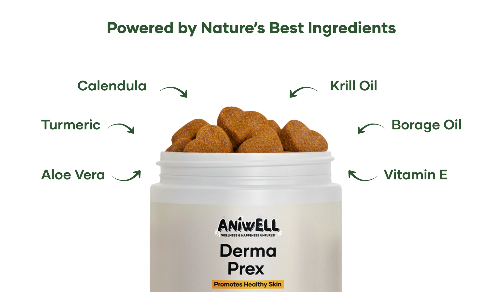 Container of supplements with ingredients: Calendula, Turmeric, Aloe Vera, Krill Oil, Borage Oil, Vitamin E.