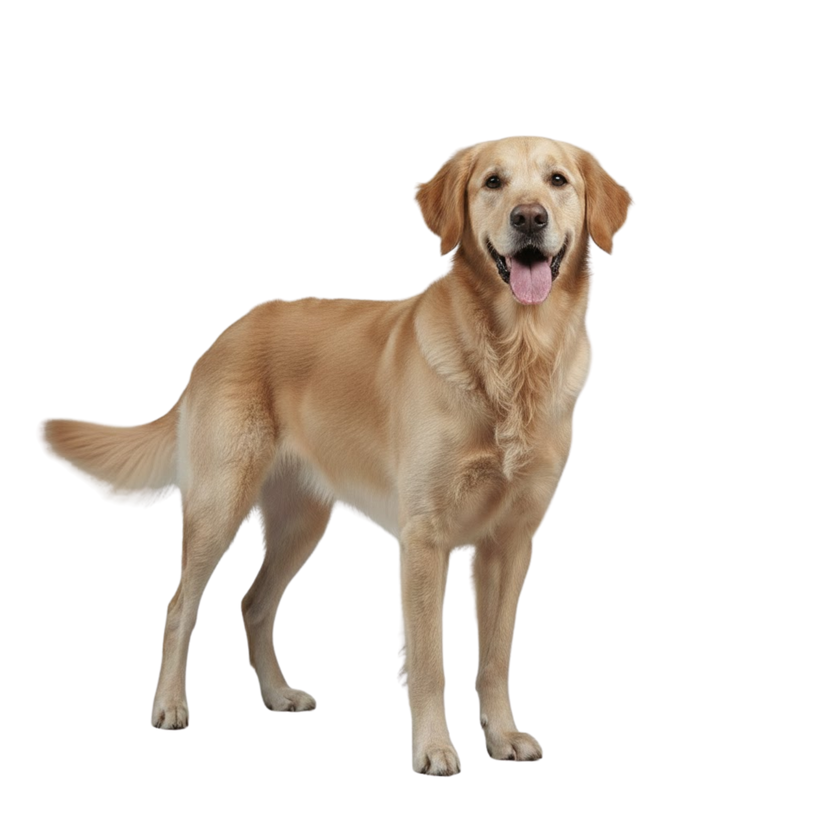 A golden retriever dog standing, facing forward with mouth open.
