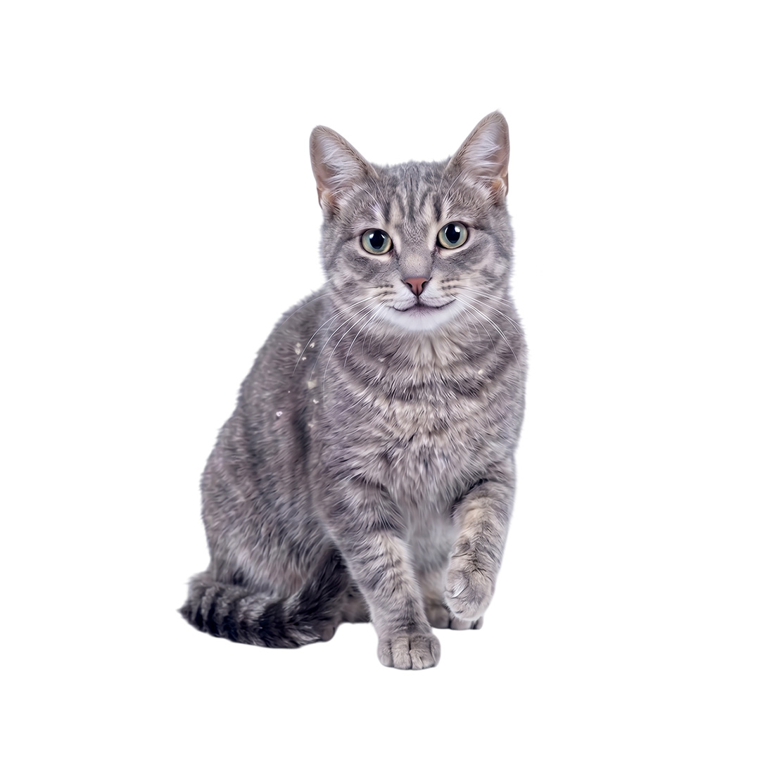 A grey tabby cat with green eyes sits against a white background, looking forward with one paw lifted.