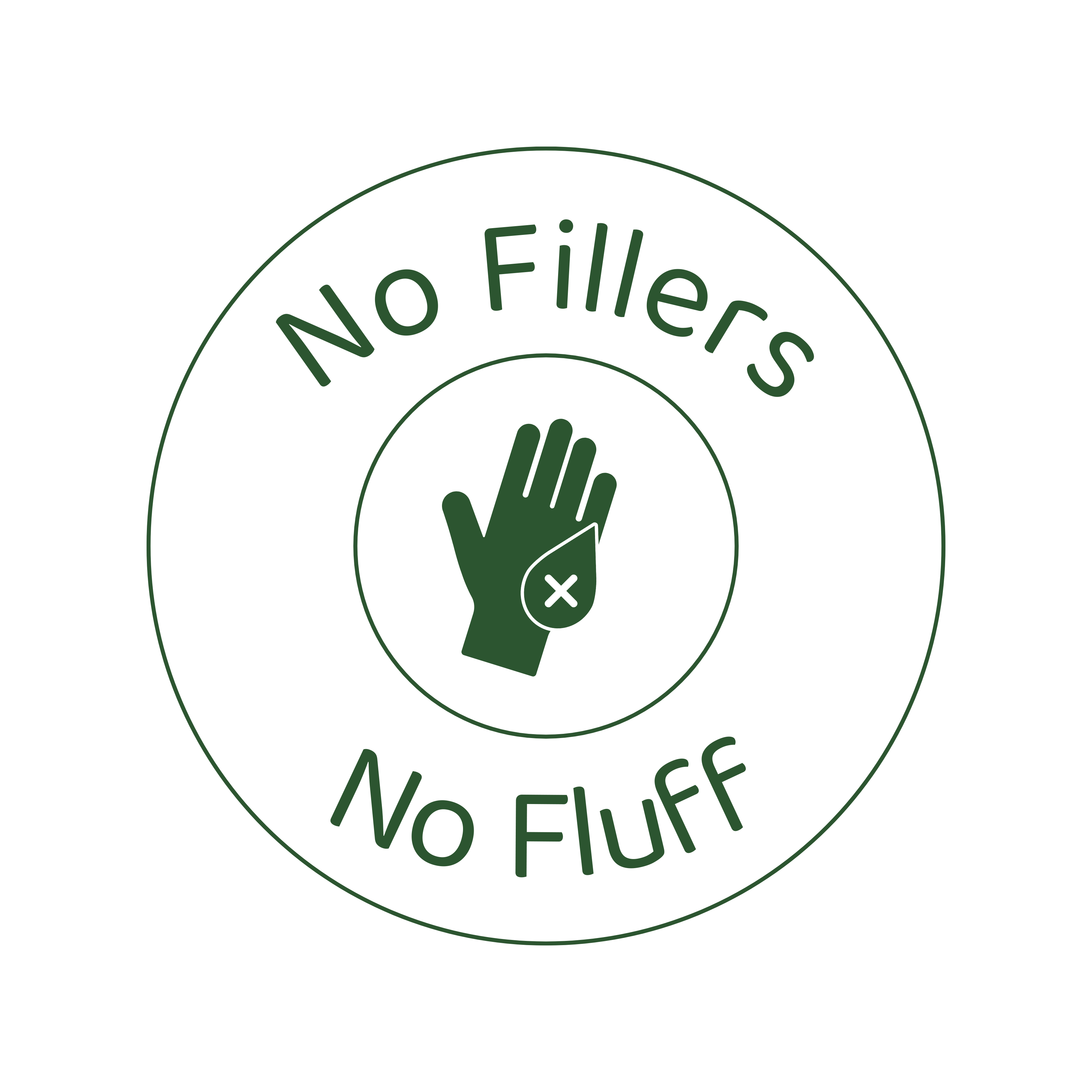 Green logo with a hand and droplet, text reads 'No Fillers, No Fluff'.