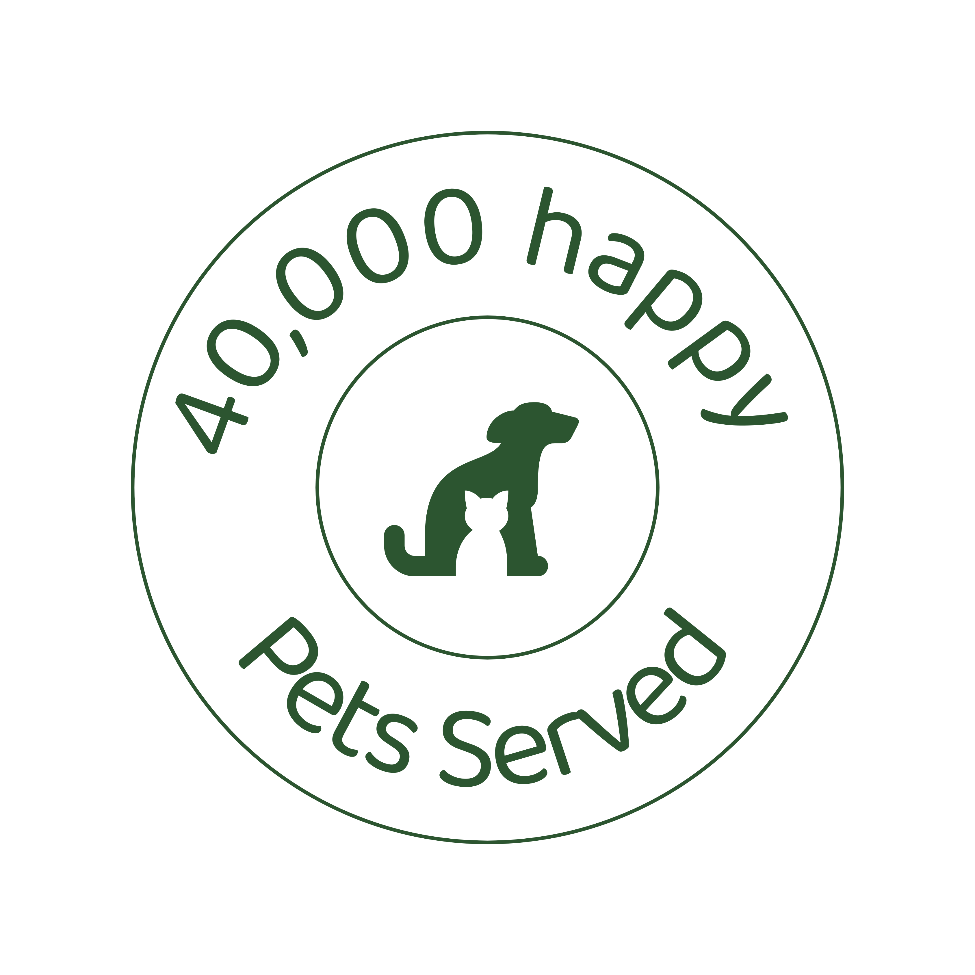Silhouette of a dog and cat with '40,000 happy pets served' text in a circle.
