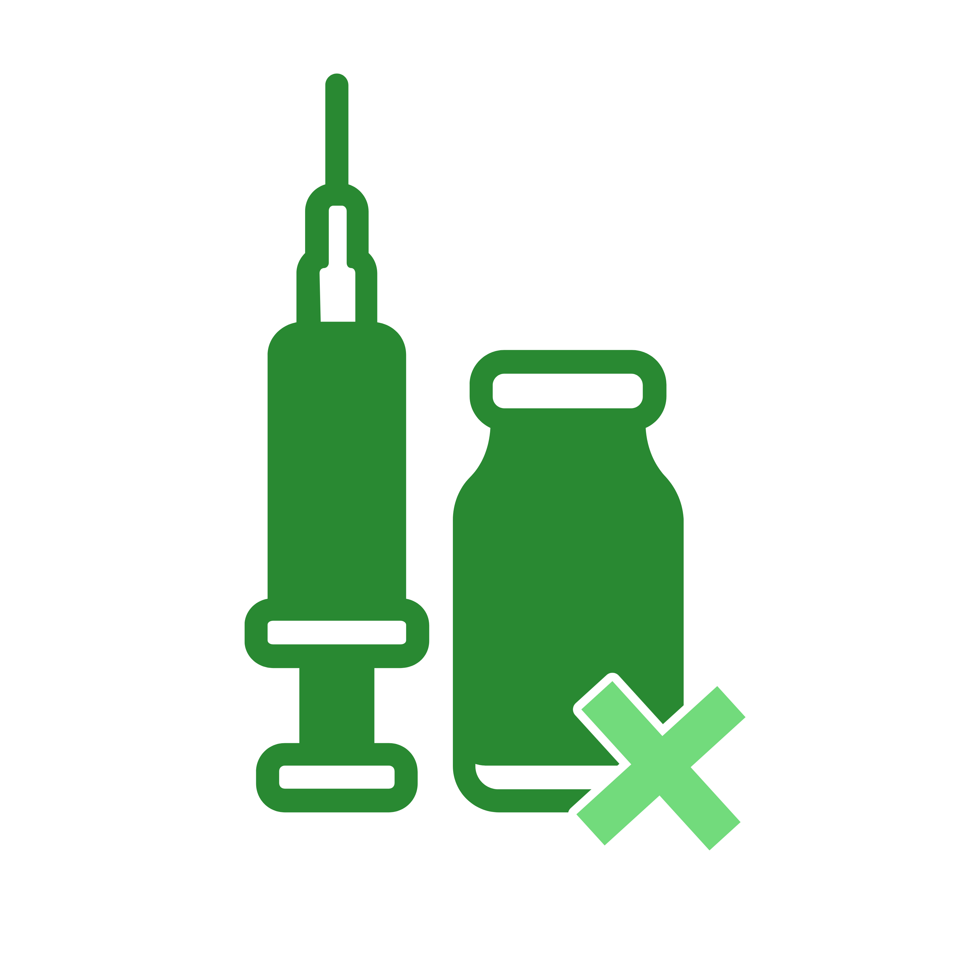 Green syringe and vial icon with a green X.