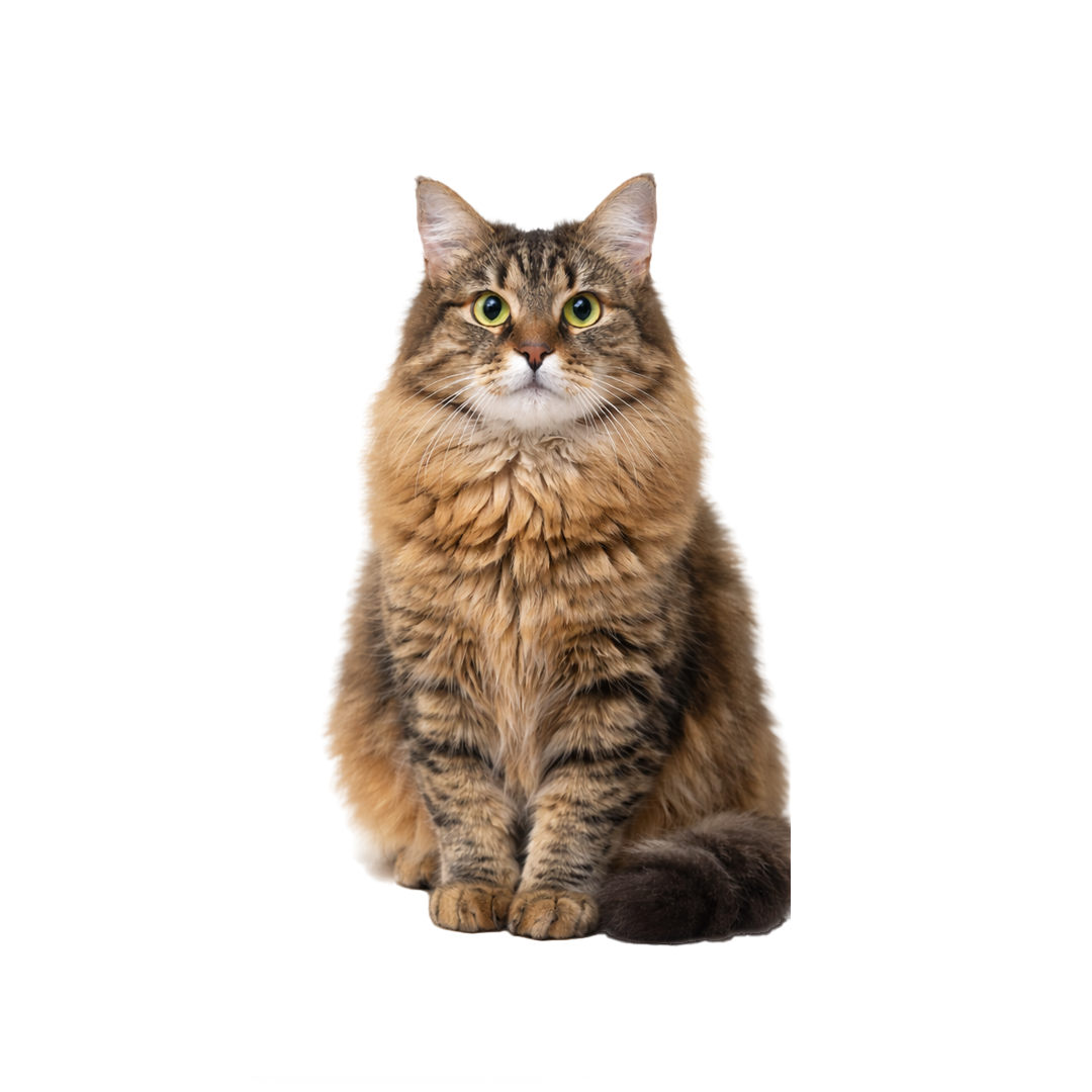 A fluffy, brown tabby cat with large green eyes sitting on a white background and looking forward.