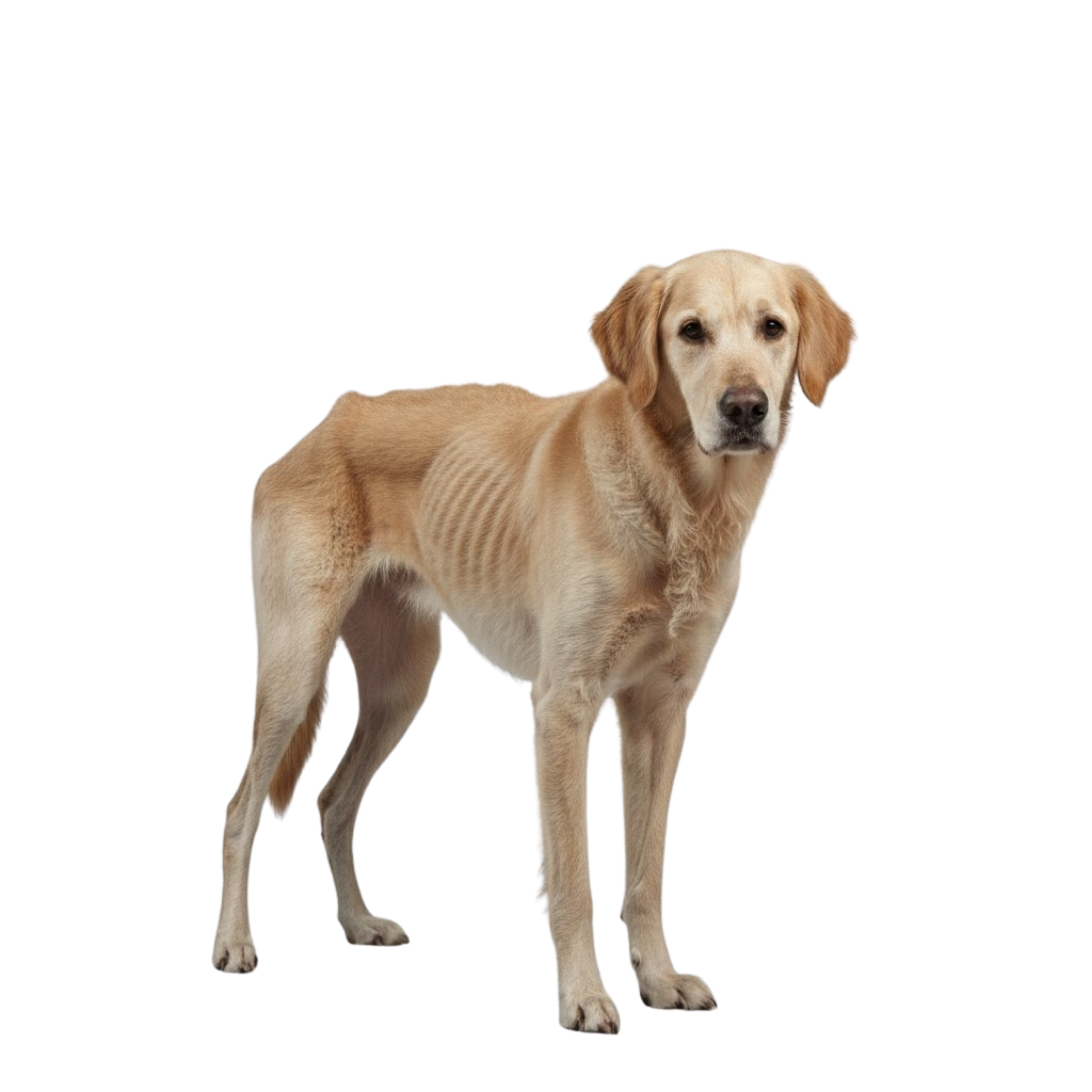A standing light brown dog with a thin frame on a solid background.