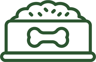 A green line-art icon of a dog food bowl, full of kibble, with a bone on it.