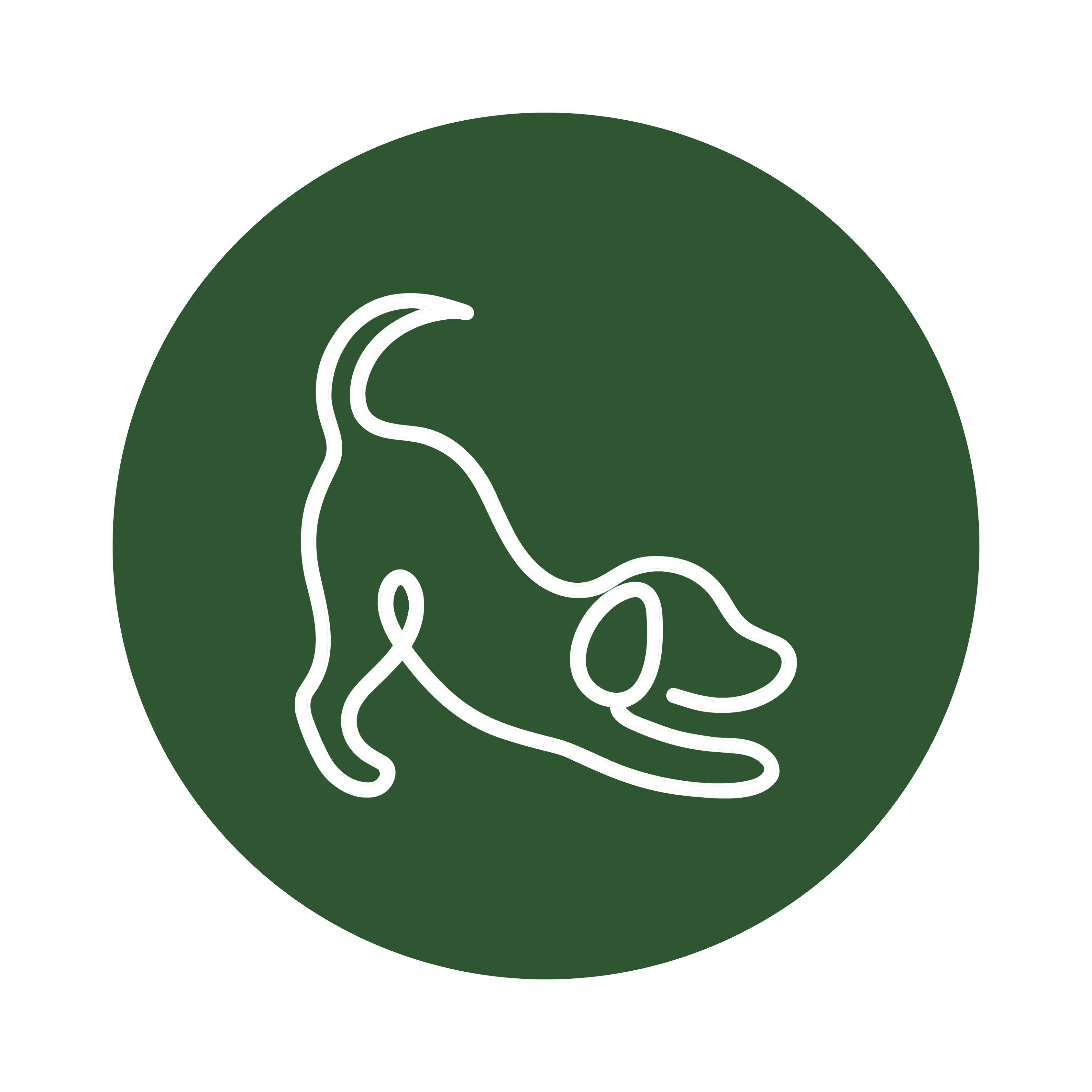 Line drawing of a stretching dog on a dark green circle background.