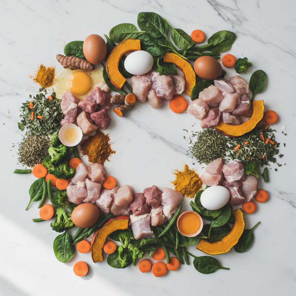 Raw chicken, eggs, vegetables, and spices arranged in a circle on a marble surface.