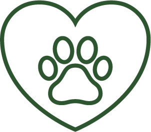 A dark green outline of a paw print inside of a heart.