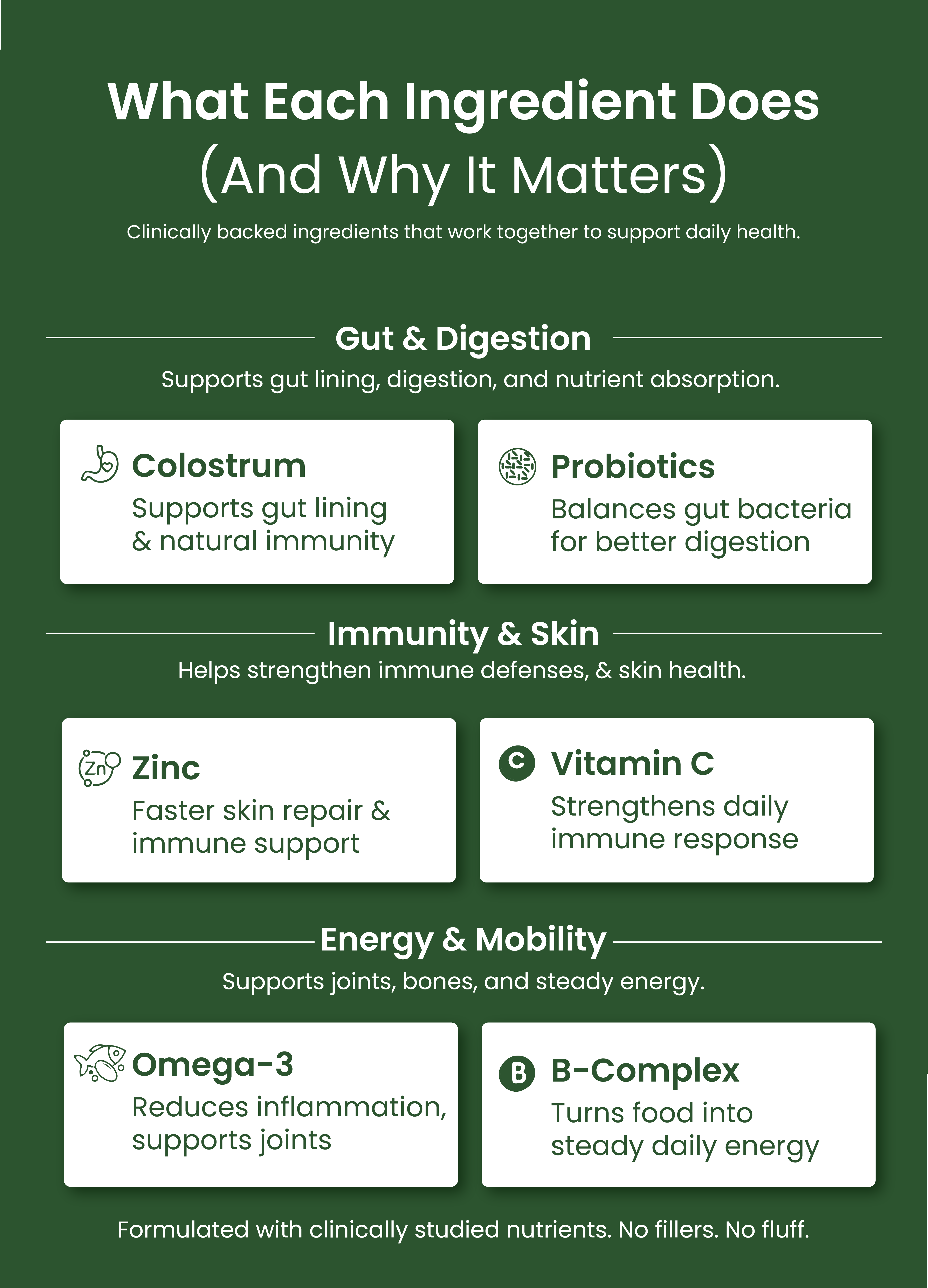 An infographic on the benefits of different supplement ingredients for gut health, immunity, energy, and mobility.