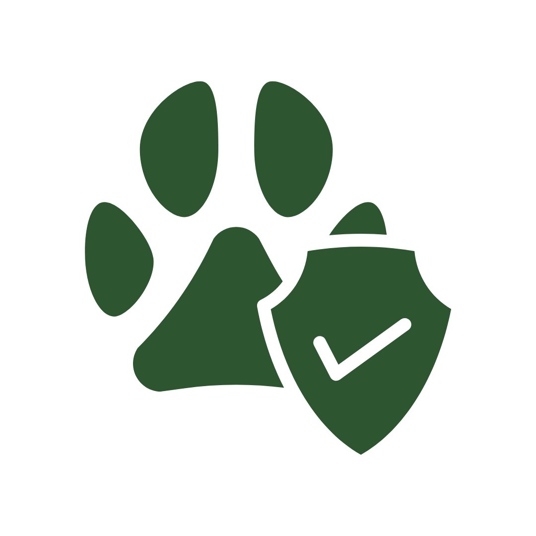 Green paw print with a shield and checkmark symbol.