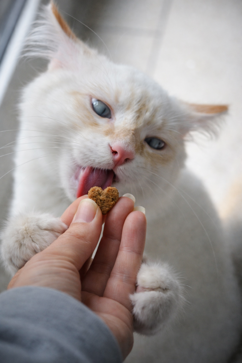 A white cat with blue eyes licks a heart-shaped treat from a person's hand.