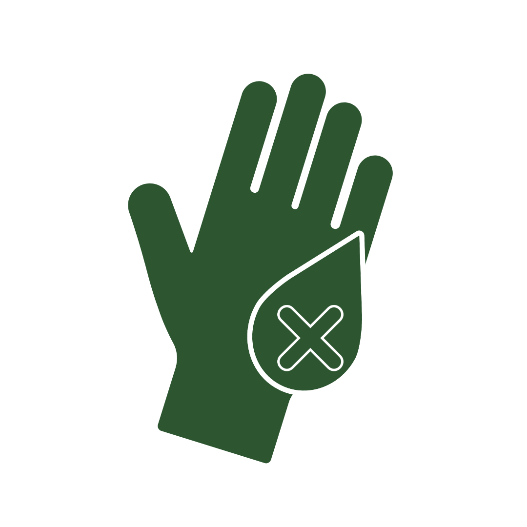 Green hand icon with a droplet and an 'X' on it.