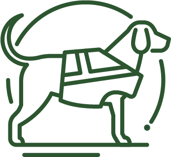 A green line icon of a dog standing in profile wearing a harness or vest.