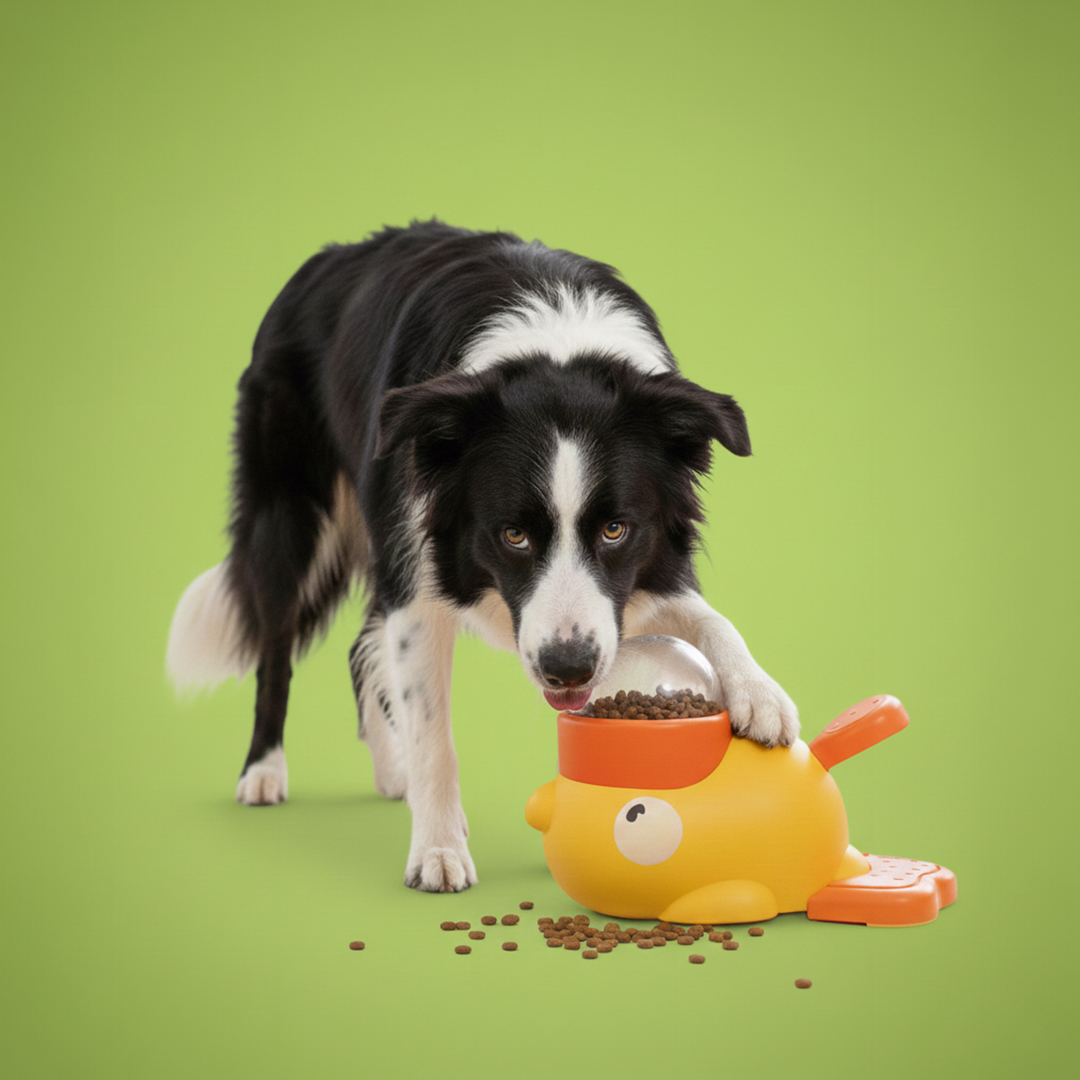 A black and white dog eating from a yellow food dispenser on a green background.