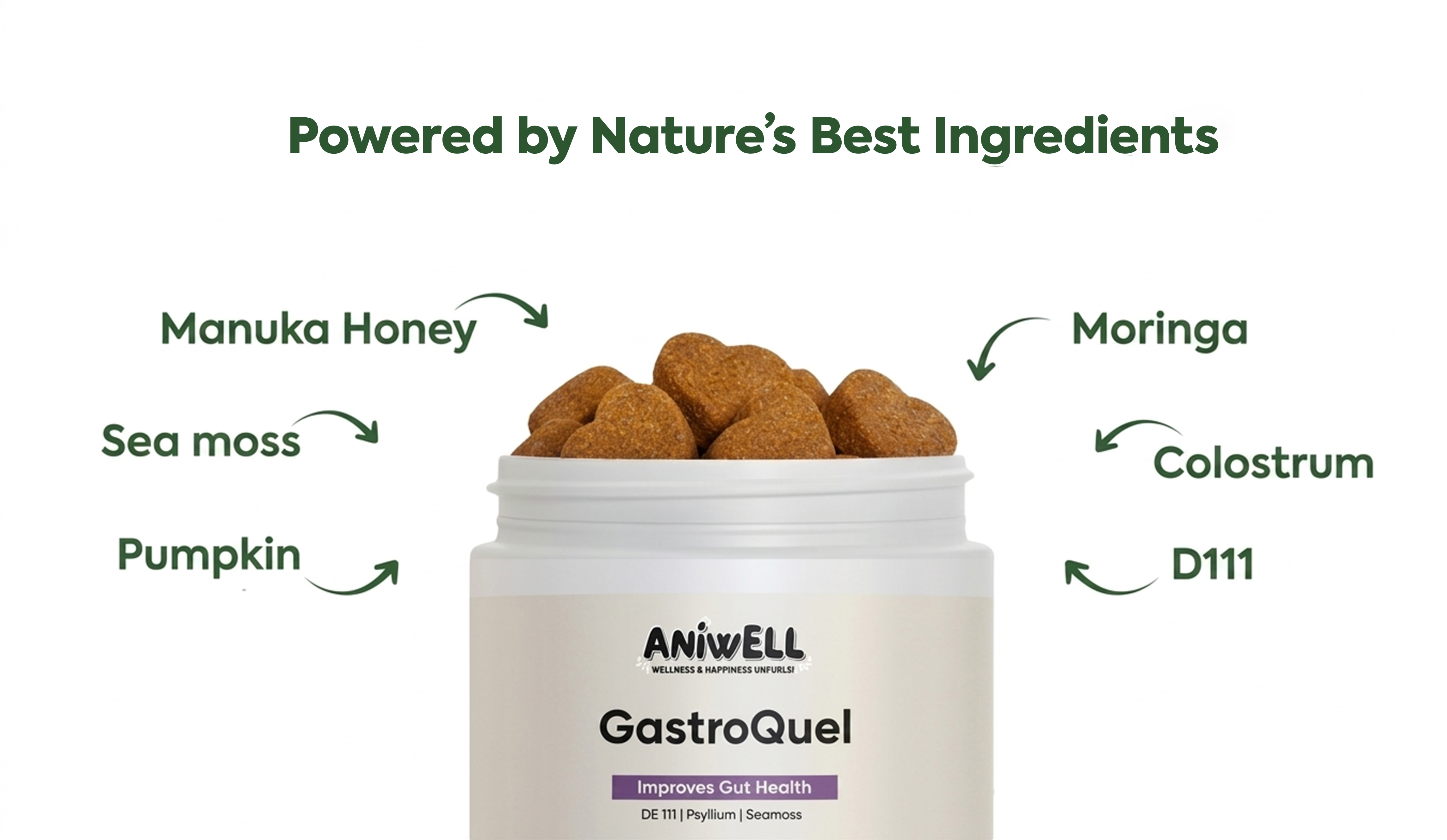 A bottle of Aniwell GastroQuel supplements with heart-shaped chews, with its natural ingredients listed around it.