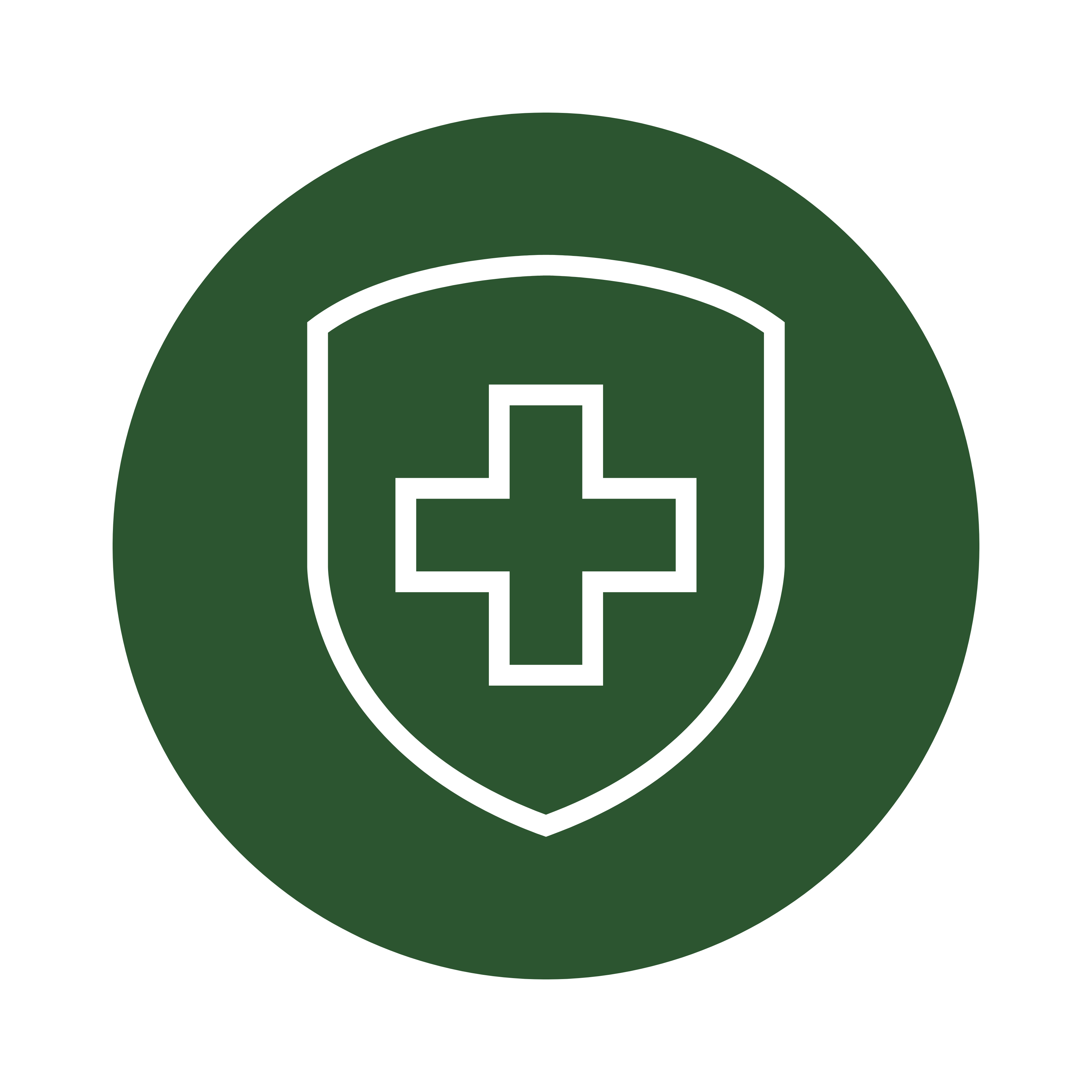 White medical cross on a green shield.