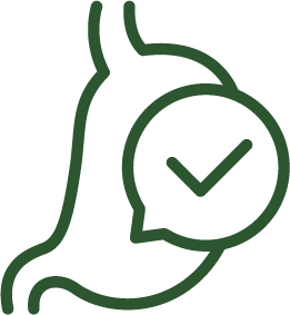 A green line icon of a human stomach with a checkmark in a circle.
