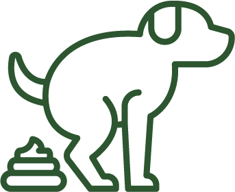 A green line art icon of a dog defecating.