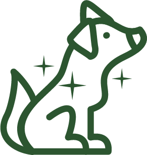 A dark green line-art icon of a dog sitting, with sparkles around its body.