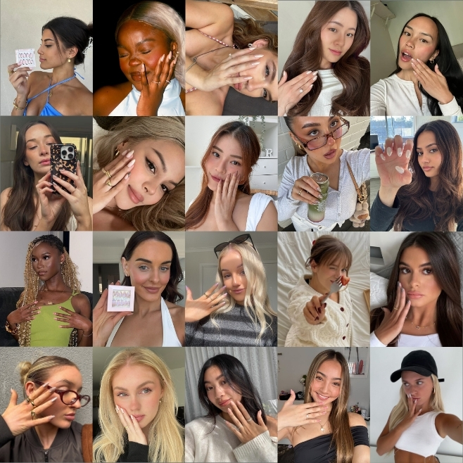 A grid collage of twenty different women posing, many showing off their manicured nails.