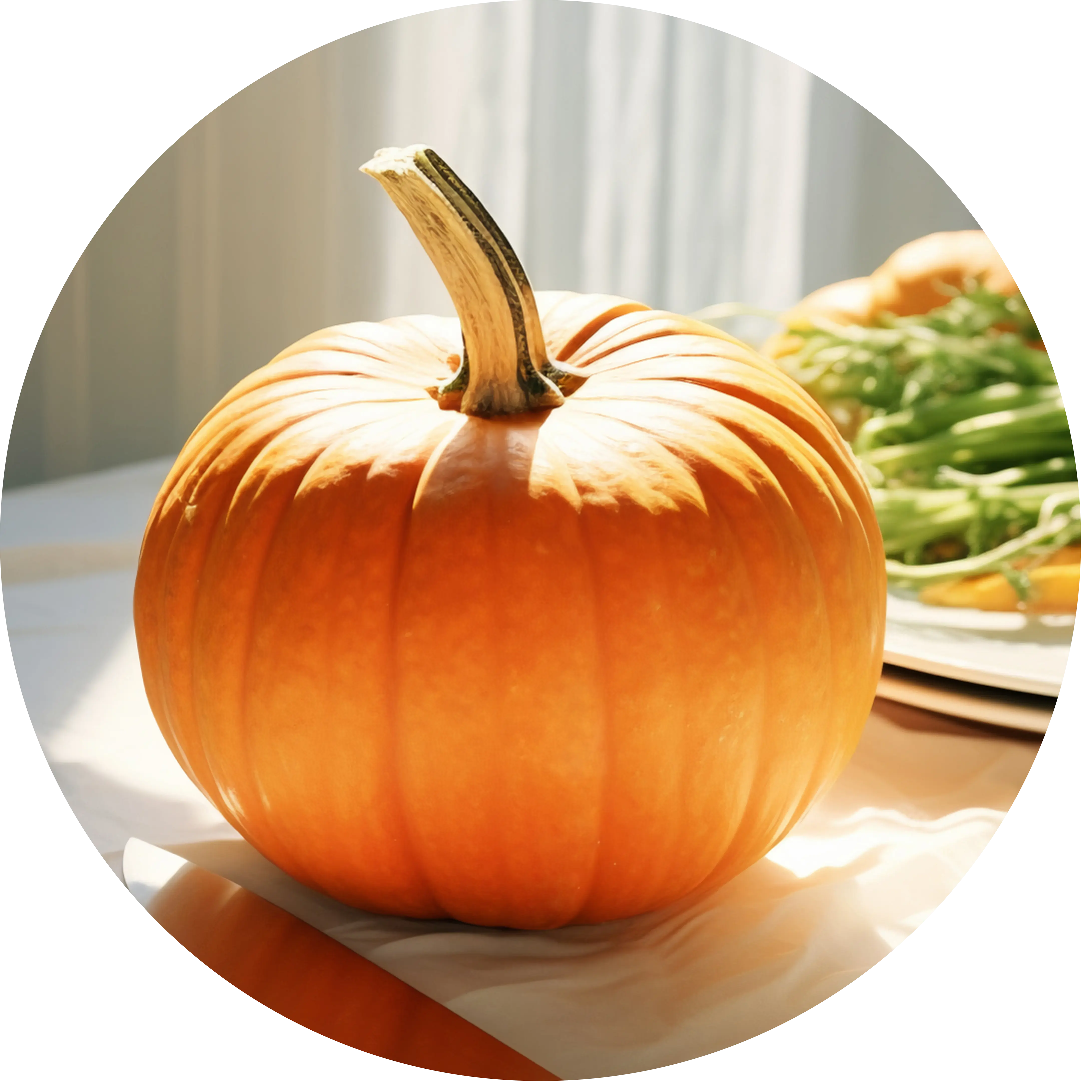 A bright orange pumpkin on a sunlit table with leafy greens in the background.