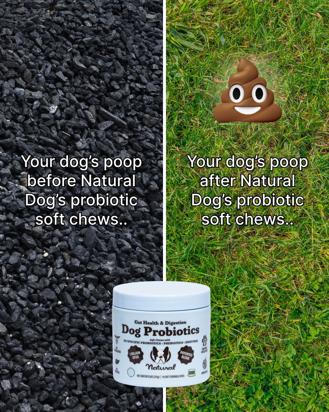 Dog probiotics advertisement showing a before-and-after comparison of dog poop.
