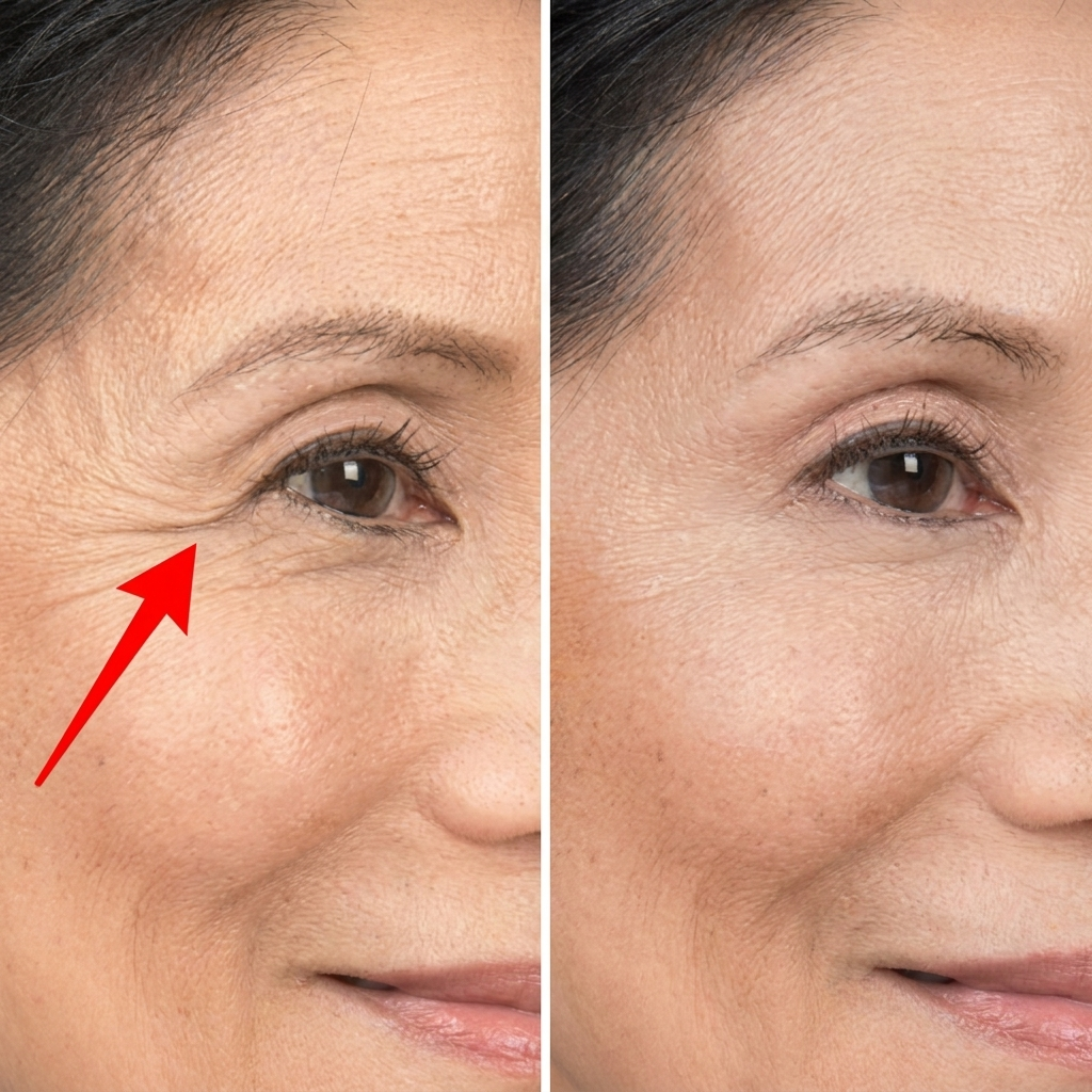 A before-and-after comparison of wrinkles around a woman's eye, with a red arrow pointing to them.