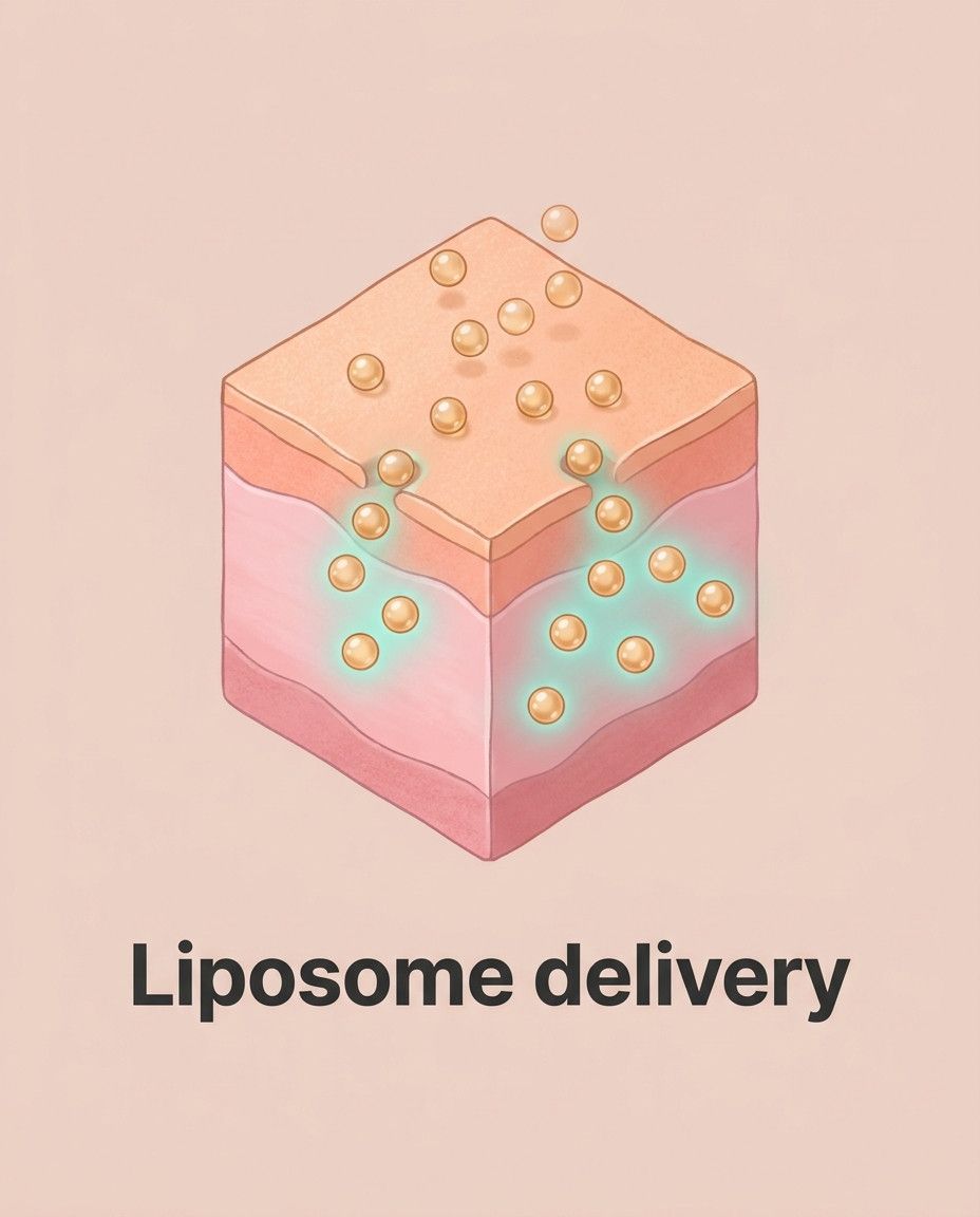 An illustration showing spheres labeled 'Liposome delivery' being absorbed into a cross-section of skin layers.