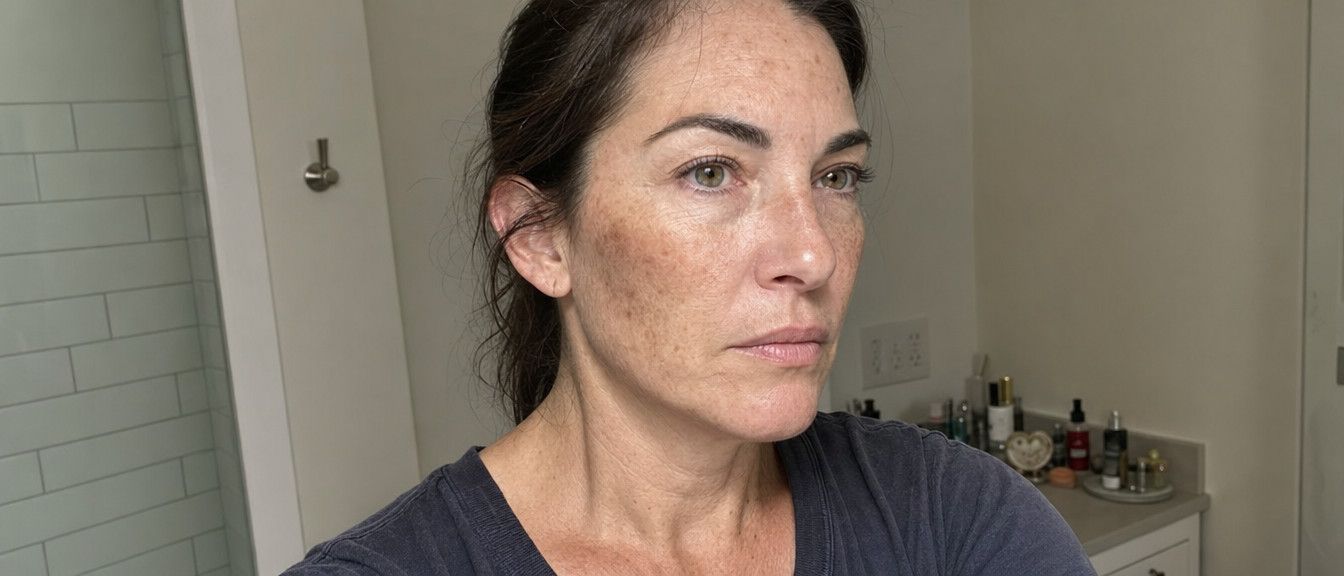 A close-up of a woman's face with hyperpigmentation, looking to the side in what appears to be a bathroom.