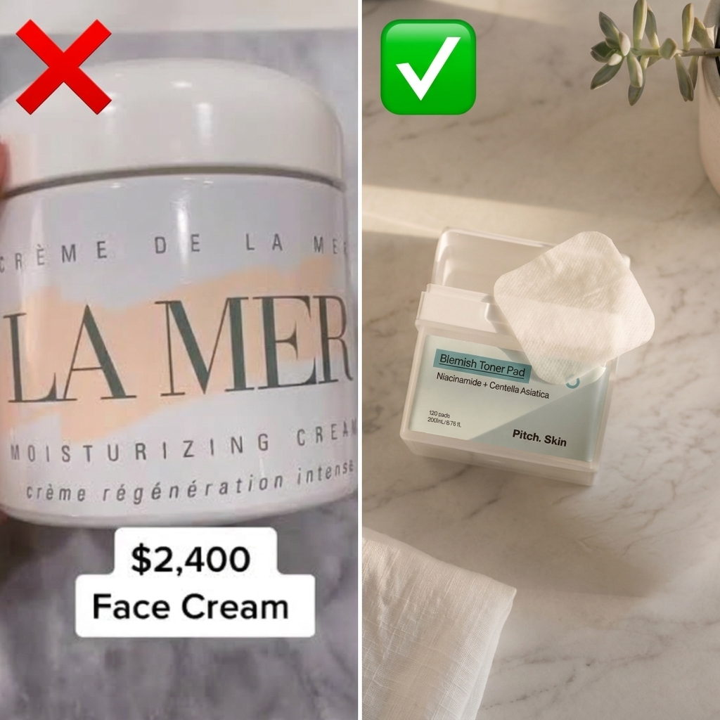 A split-screen image compares La Mer face cream with a red X to Pitch.Skin toner pads with a green checkmark.