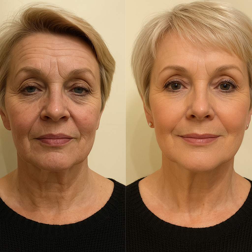 A before-and-after split image showing a woman's face with a rejuvenated appearance on the right side.