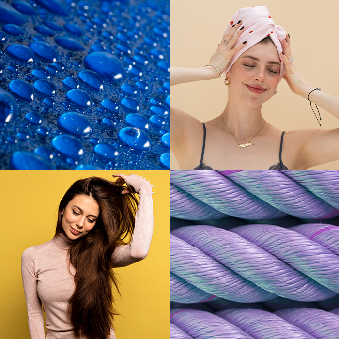 Four-part collage: water droplets, woman with towel, woman posing, and colorful braided ropes.