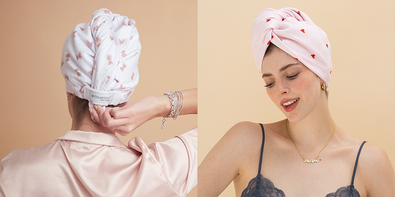 Two images of a woman wearing a hair towel turban.