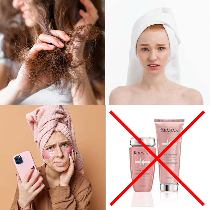 Collage showing hair concerns, ineffective hair products, and frustrated expressions.