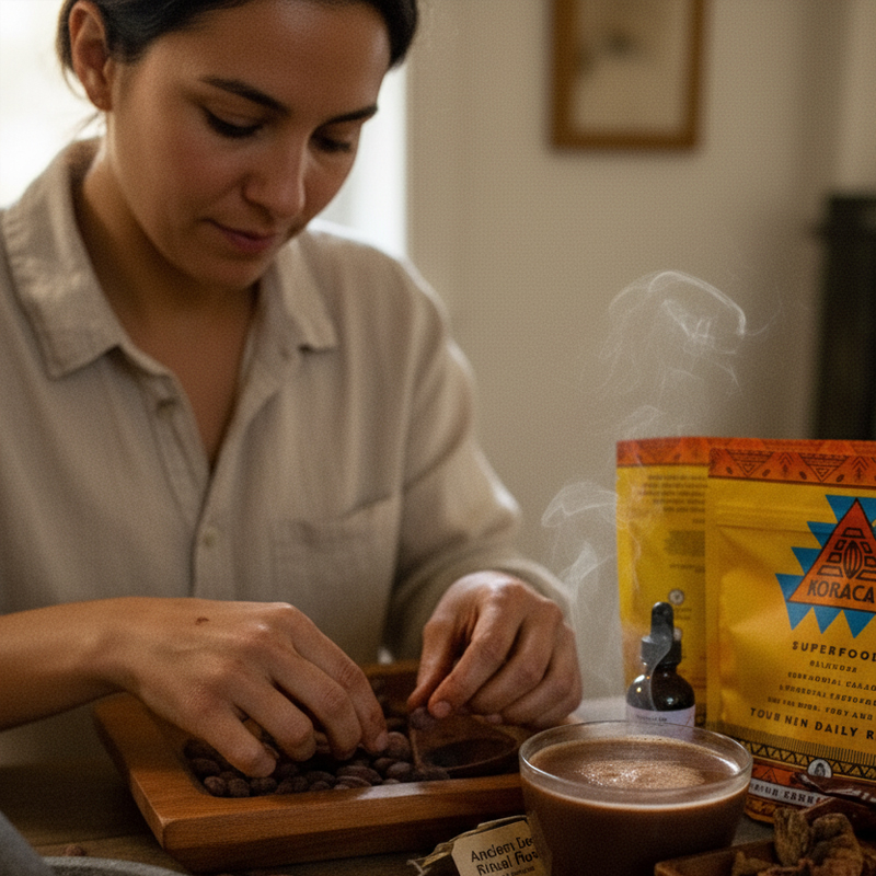 Person sorting cacao beans with a hot beverage and product bags nearby.
