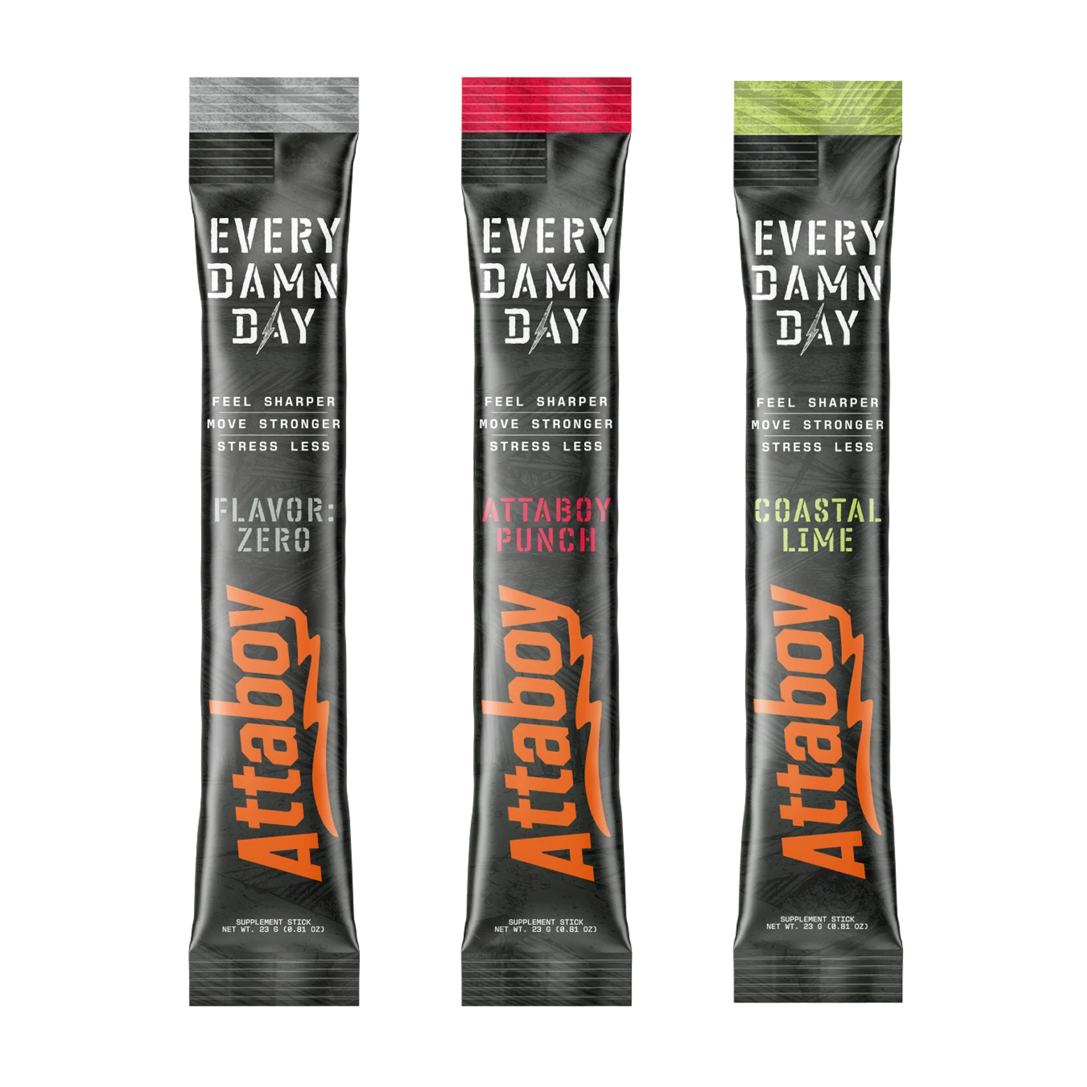 Three Attaboy supplement sticks in Zero, Attaboy Punch, and Coastal Lime flavors against a white background.