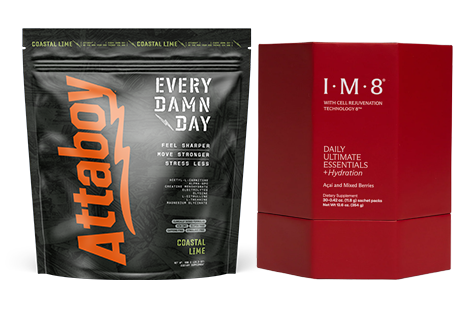 A black pouch of Attaboy Coastal Lime supplement next to a red hexagonal box of I·M·8 supplement.
