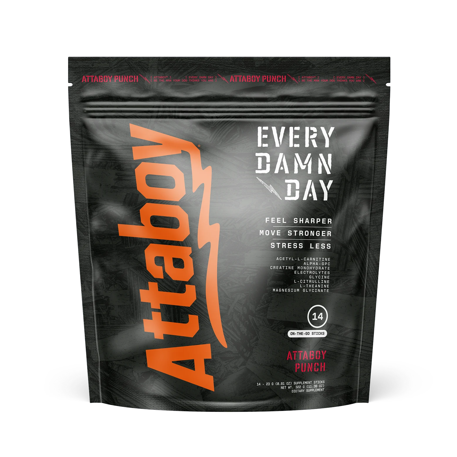 A black pouch of Attaboy Punch dietary supplement, containing 14 on-the-go sticks, on a white background.
