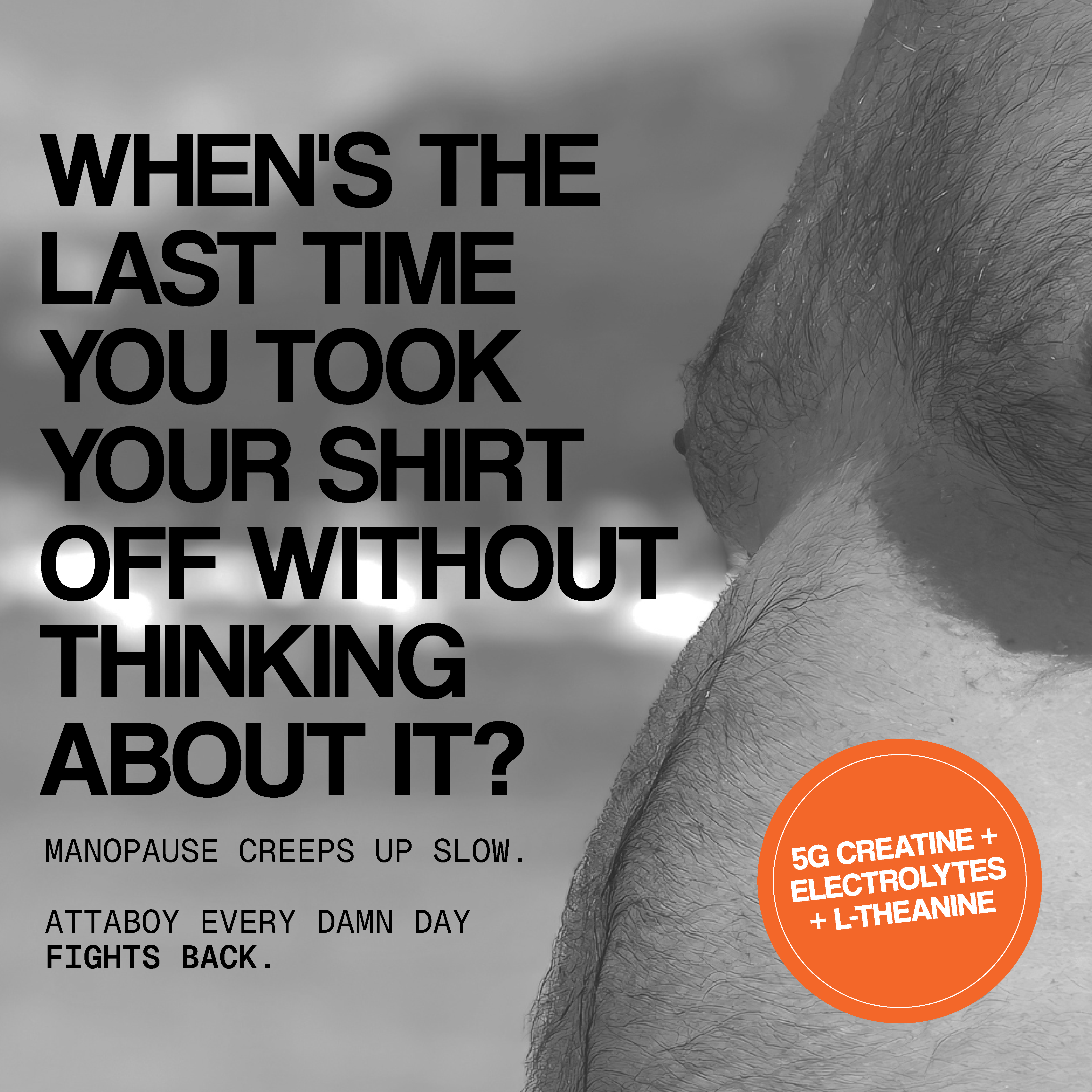 A black and white photo of a shirtless man's torso with overlaid text advertising a supplement.