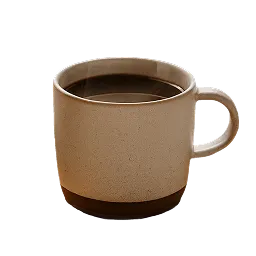 A beige speckled ceramic mug with a brown base, filled with black coffee, against a white background.