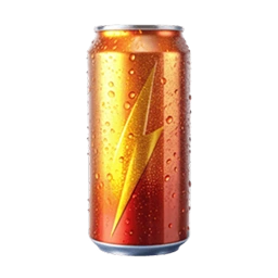 An orange and red aluminum can with a yellow lightning bolt on it, covered in condensation droplets.
