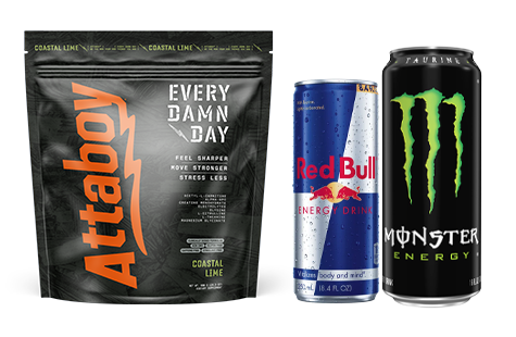 A pouch of Attaboy supplement powder next to cans of Red Bull and Monster Energy drinks.