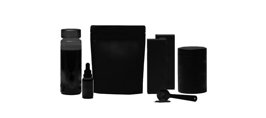 A collection of various unbranded black containers, including bottles, pouches, and jars, with a scoop of powder.